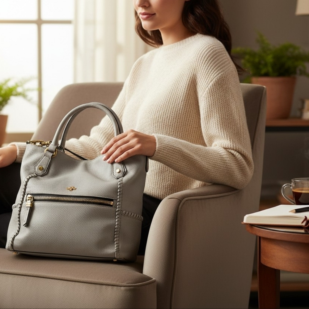 Oryany Gray Pebbled Leather Bucket Satchel Crossbody | Whipstitch Detail | EUC - Picture 2 of 12